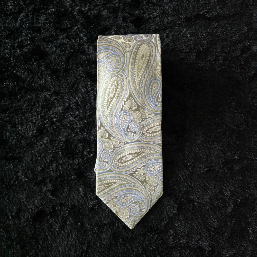 Geoffrey Beene Handmade Silk Paisley Tie Mens Green Blue Classic Formal Necktie